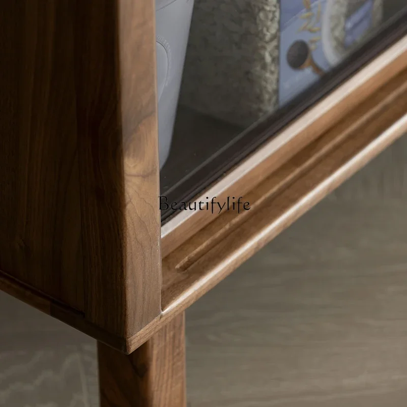 LJY*Slate dining side cabinet Black walnut guest restaurant Wall solid wood storage cabinet