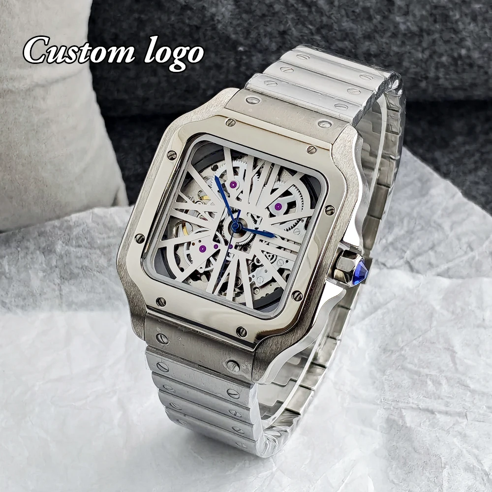NH70 Square Watch Men's Watch 27mm Customized Logo Watch Stainless Steel Watch Hollow out Watch NH70 Movement Watch Accessories
