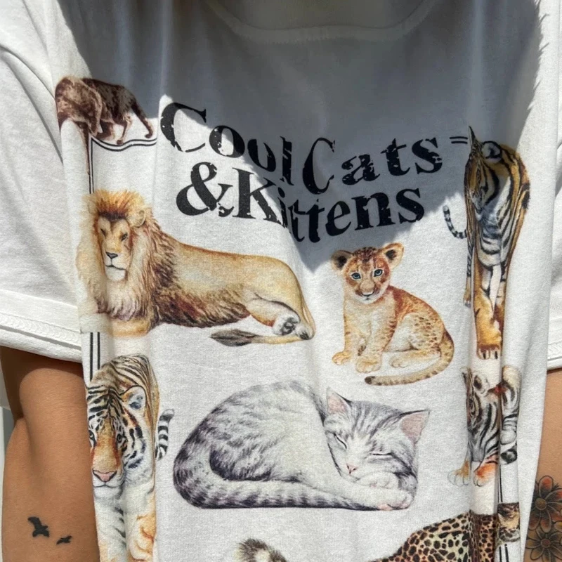 Cool Cats and Kittens Vintage T-Shirt Women Loose Short Sleeve Cute Feline T Shirt Hippie Cotton Tshirts Grunge Aesthetic Tops