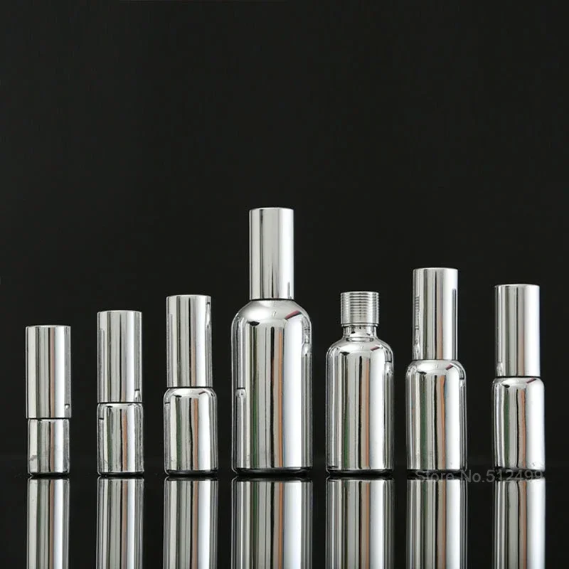 シルバーガラスエッセンシャルオイルスポイトボトル化粧品包装美容液ローションポンプスプレー噴霧器5ml-30ml-100ml-20個
