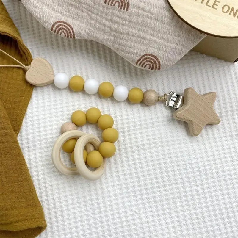 

97BE Baby Bath Toy Set Wooden Rattle Bracelet Silicone Chewing Ring Appease for Newborn Infant Baby Girls Boys