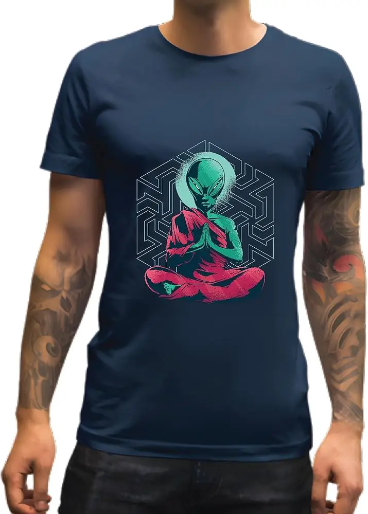 Alien Monk Meditation Gift Illustration for Deep Concentration for Spiritual Seekers  High Quality 100%Cotton Short Sleeve