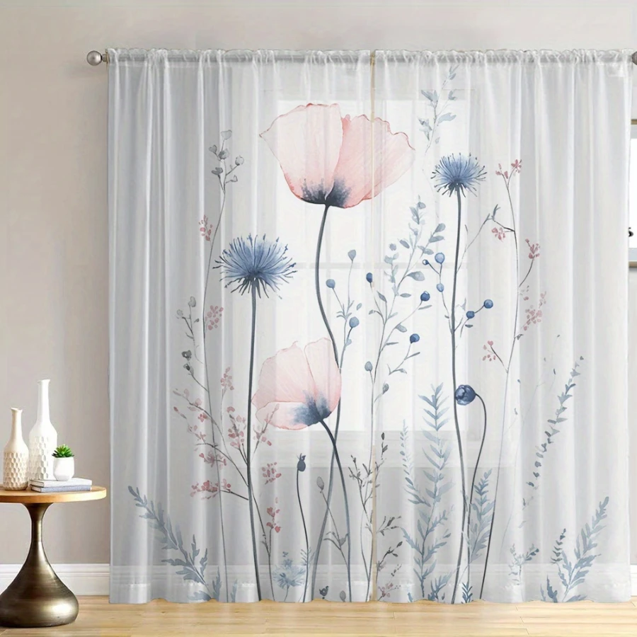 2PCS Digital Print Sheer Curtains, Pink Blue Poppy Flowers, Dreamy Watercolor Floral for Bedroom Living Room Home Decor