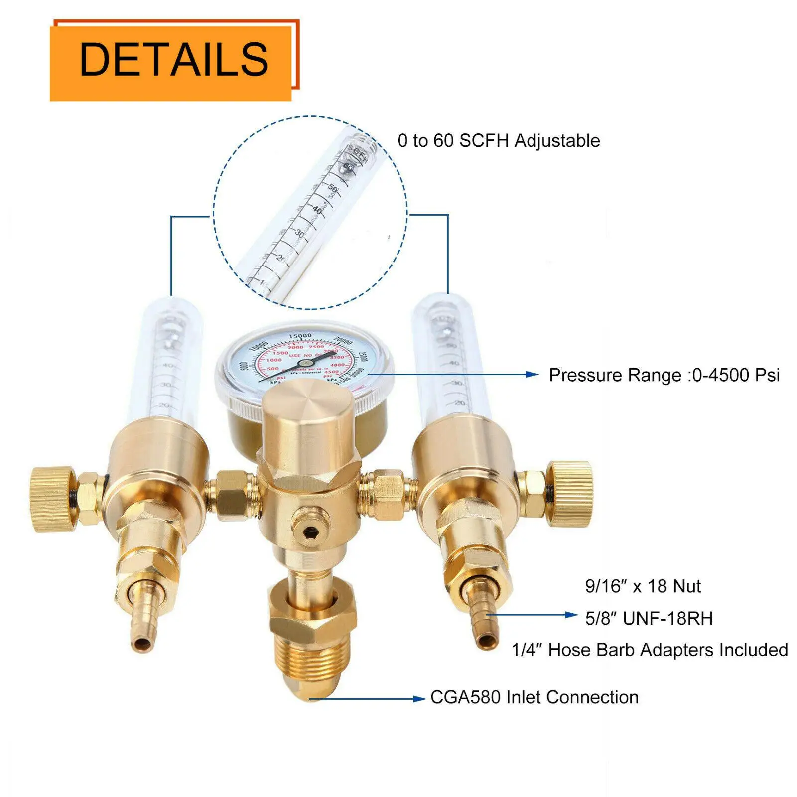 Welding Dual Output Argon Regulator Flow Meter CGA580 Accessories Premium