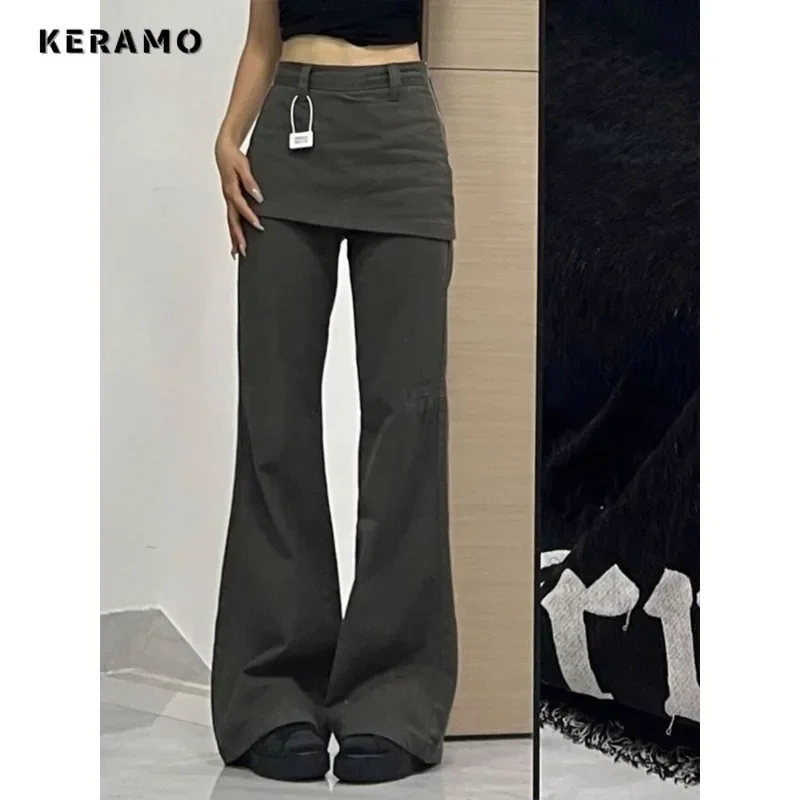 Harajuku Patchwork High Waist Flared Jeans Female Retro Green Y2K Pants Hight Street Women\'s Vintage Solid Color Denim Trouser
