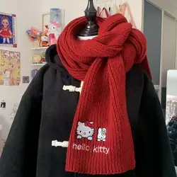 Sanrios Hellokittys Cartoon Cute Winter Red Scarf Versatile Student Anime Kawaii Sweet Embroidery Warm Neck Protector for Girls