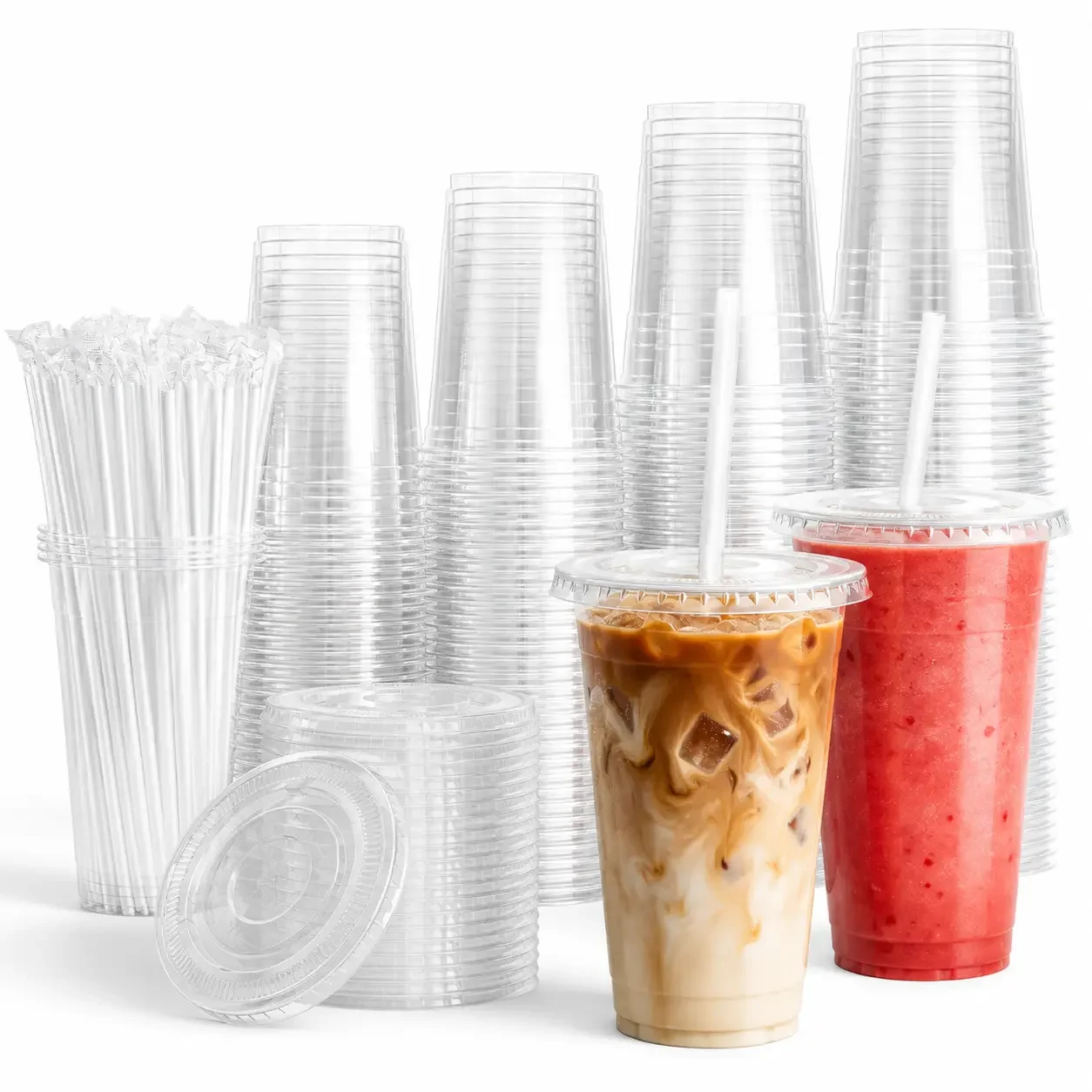 Disposable PET Drinkware Cups 50 100 Pcs 12 32 oz Party Cups With Flat Lids Wrapped Straws For Iced Coffee Supplies