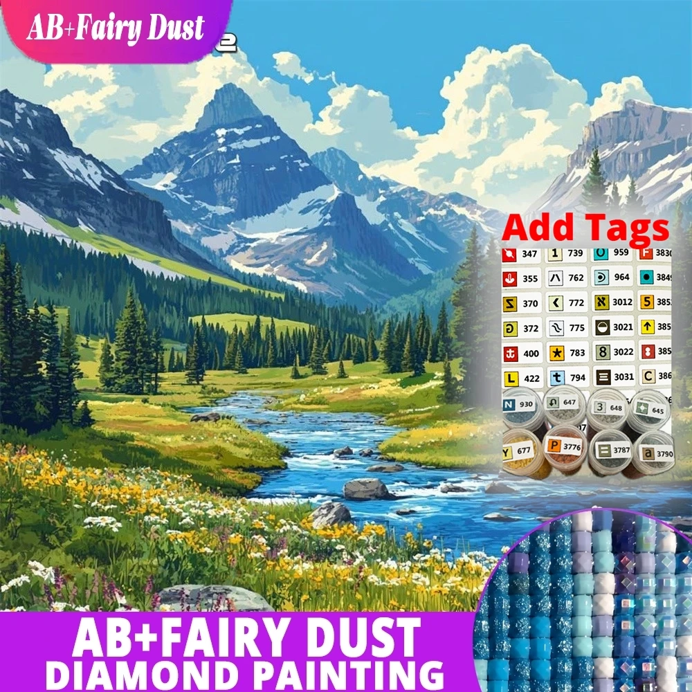 AB Fairy Dust Landscape Diamond Mosaic Mountain Valley River Meadow Full Square Round Painting Picture Embroidery Wall Art Decor