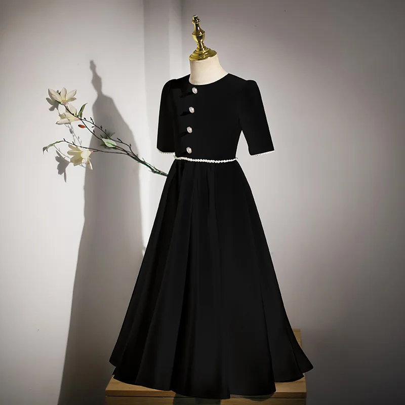Girls' Black Piano Competition Dress Long Children's Performance Dress Dress Grading Cello Playing Princess Dress