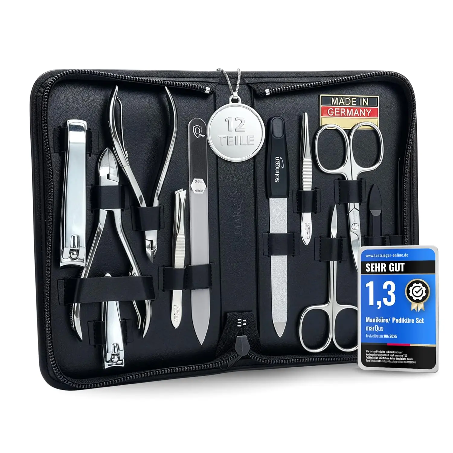 

12-Piece Professional Manicure Set for Men & Women with Leather Case and Glass Nail File - German Quality Tools