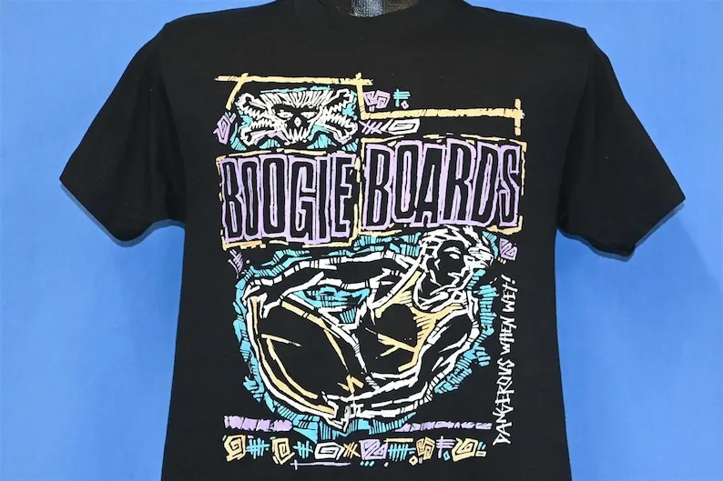 80s Boogie Boards Boarding Dangerous When Wet Neon Waves t-shirt Medium