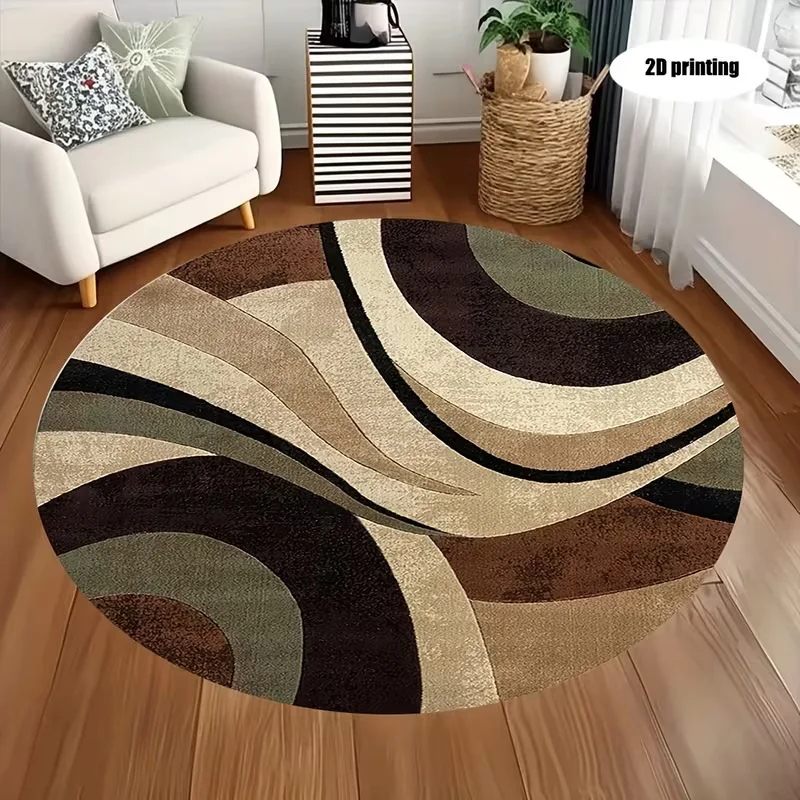 Neutral Earth Tone Wave Geometric Round Rug Curved Striped Circular Area Rug Non Slip Modern Contemporary Style Home Decor