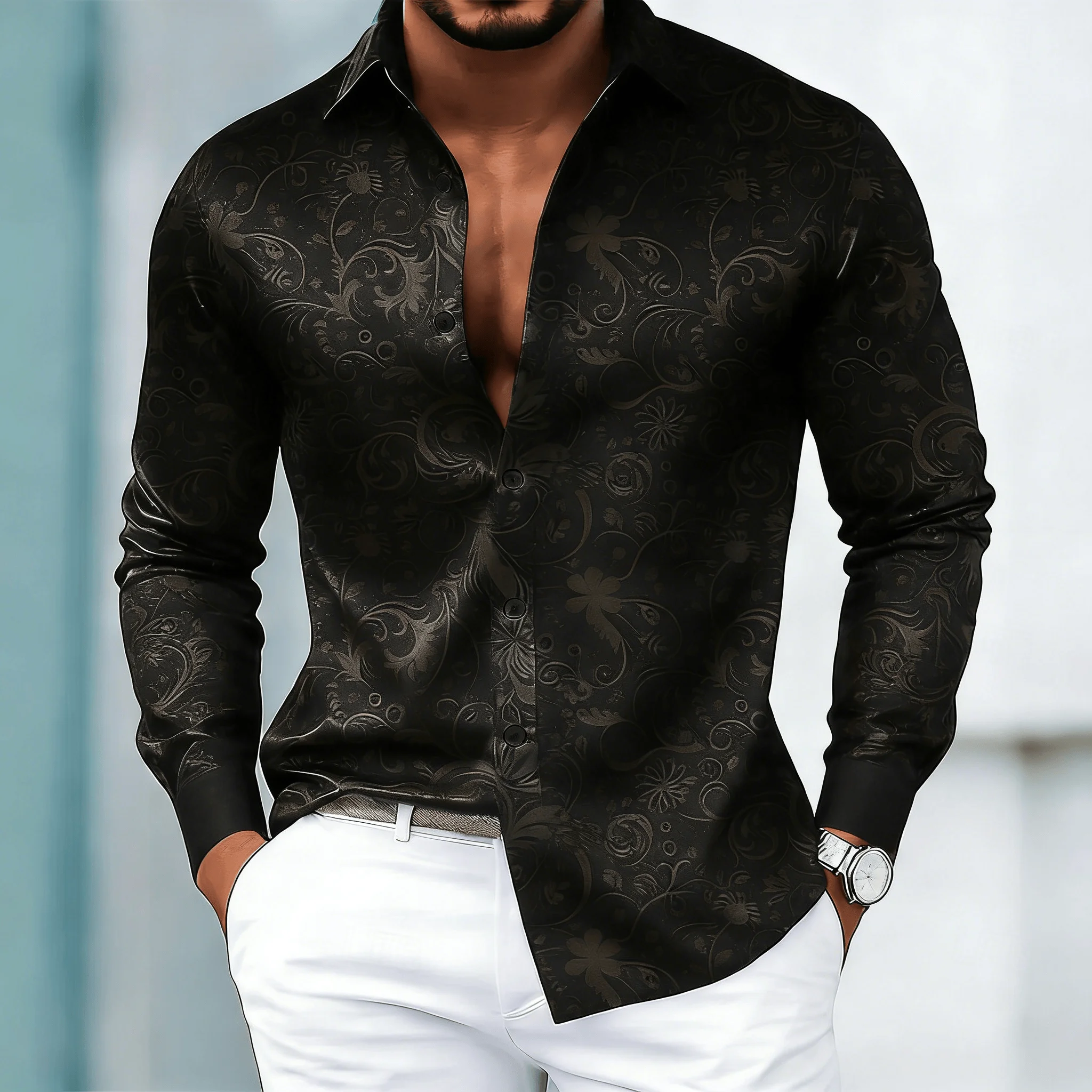 

Men's Black Subtle Damask Jacquard Print Lapel Shirt, Spring Summer Elegant Slim Fit Top, Hidden Floral Pattern