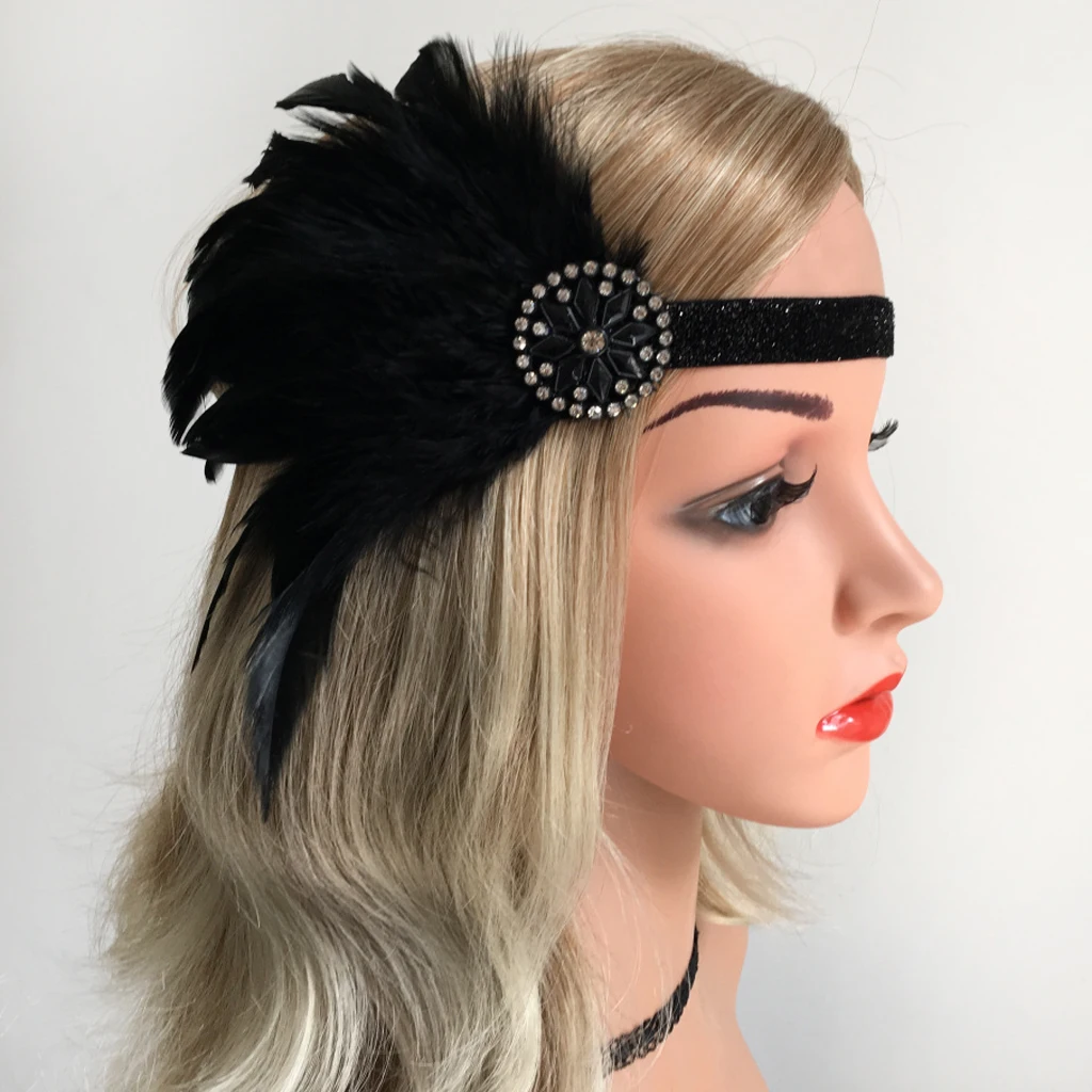 Vintage Woman Elastic Feather Headband 1920s Gatsby Party Charleston Party Rhinestone Forehead Decorations