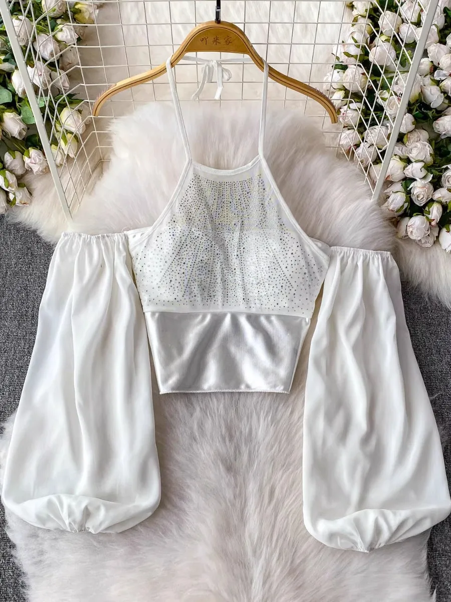 

Foamlina Sexy Mesh Hot Drill Patchwork Padded Crop Top Fashion Y2K Street Halter Shirt Women Summer Off Shoulder Chic Short Top