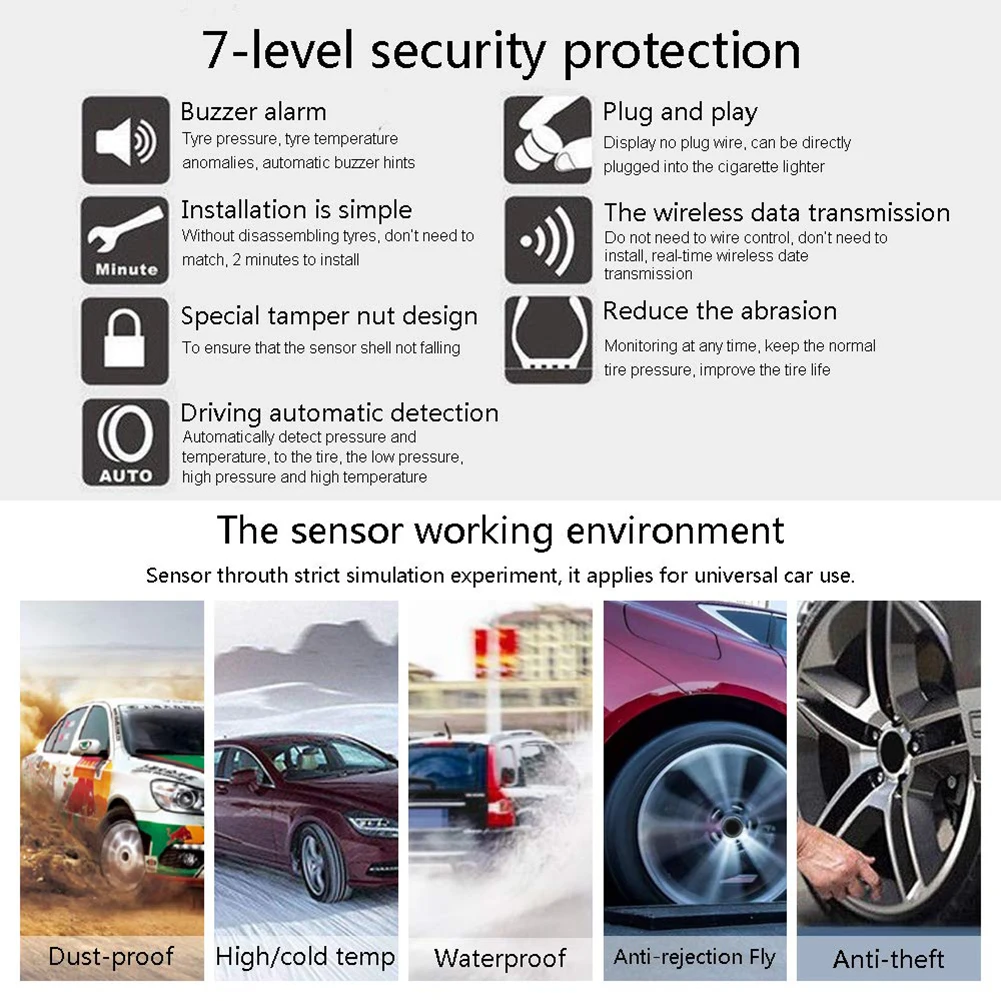 

Solar Power Tyre Temperature Alarm Warning System LCD Display Smart Car External/Internal Sensor Alarm Tire Pressure Sensor