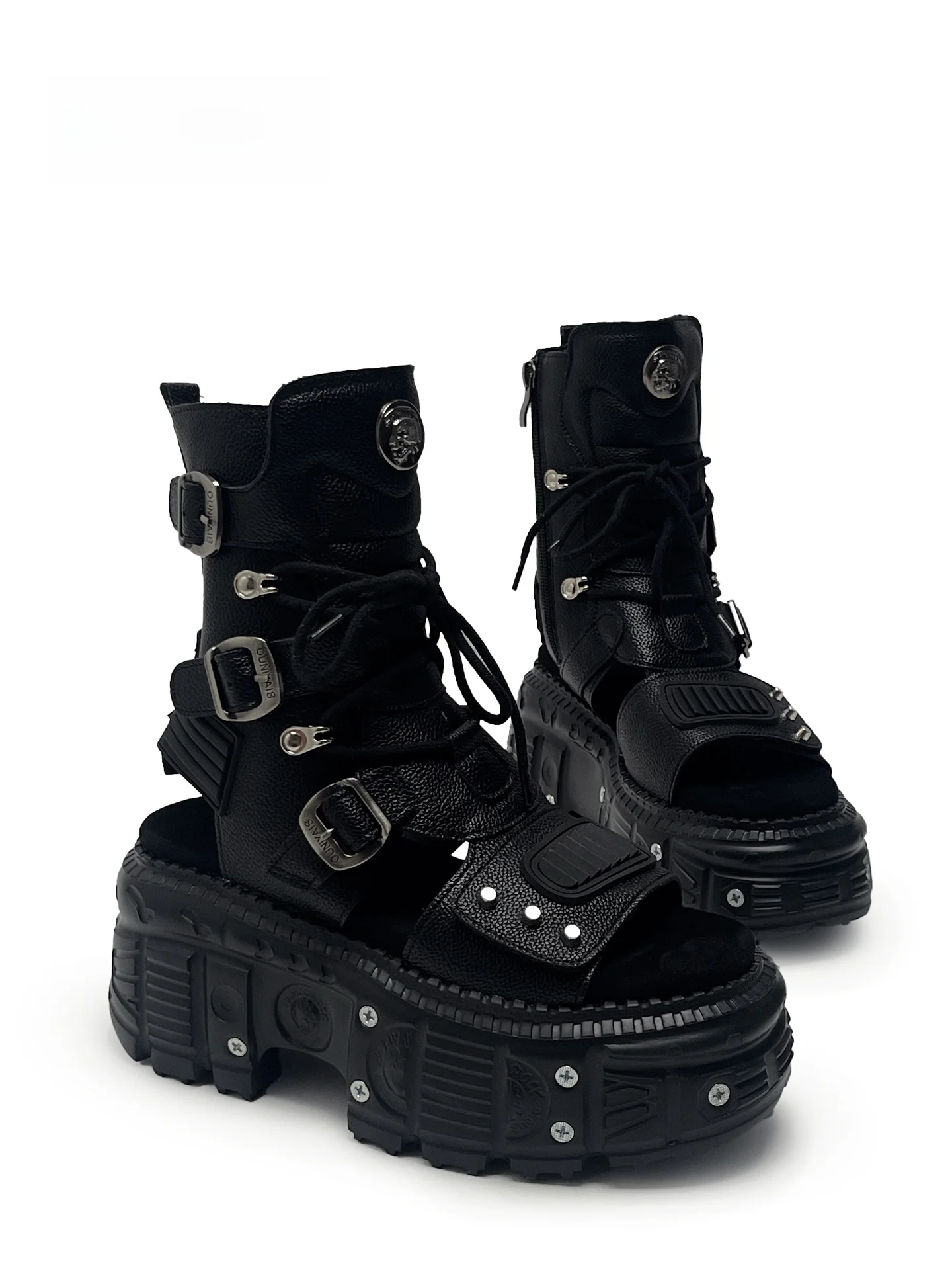 MibVias Punk Cyber Style Thick Heel Boots Women's Heavy Metal Buckle Y2K Spicy Motorcycle Sandals Fashionable round Toe Zippe...