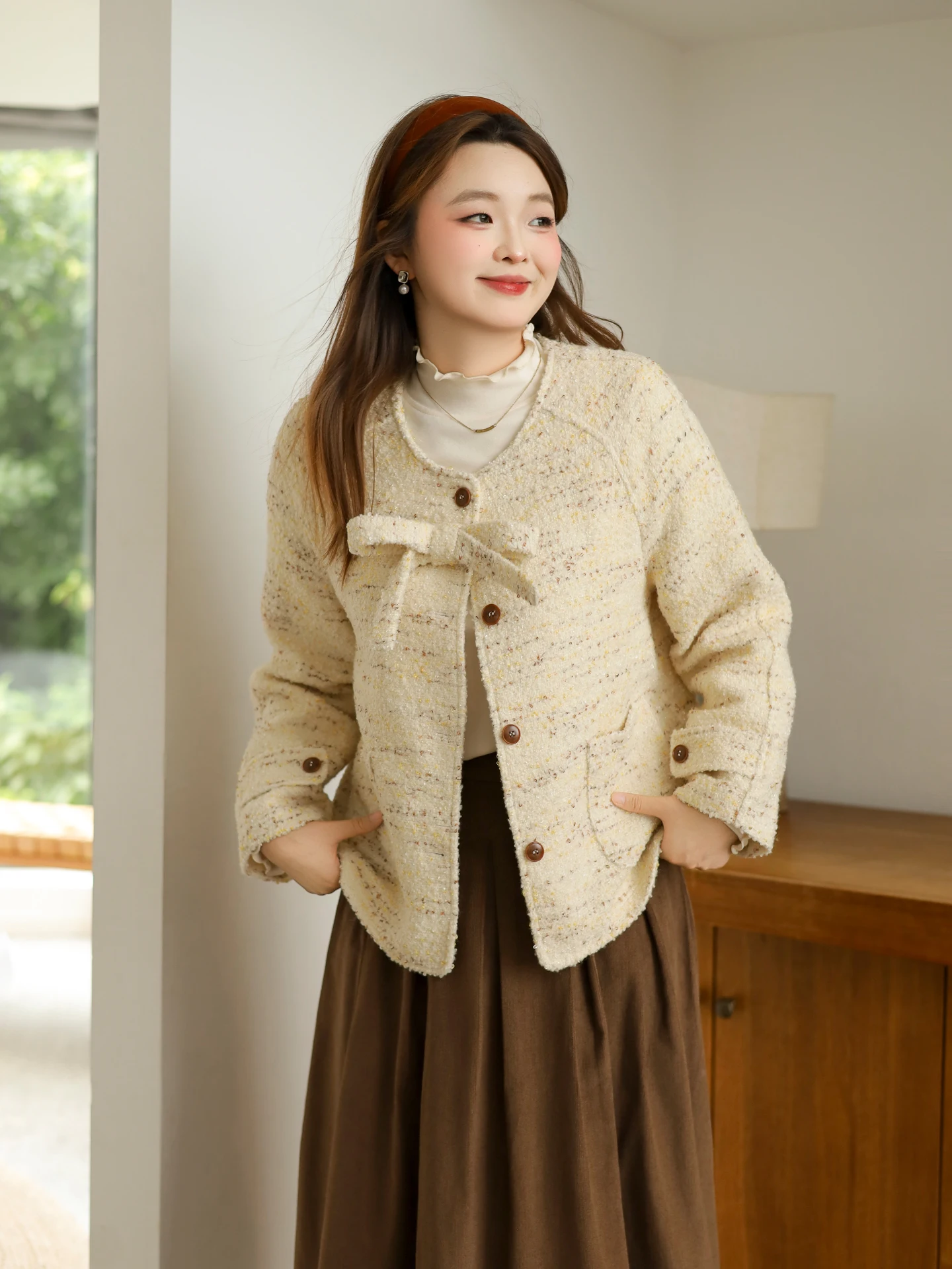 

Темно-коричневый клетчатый комплект из пальто и юбки больших размеров, женский модный осенний наряд, кардиган с запахом Ele ature Sle