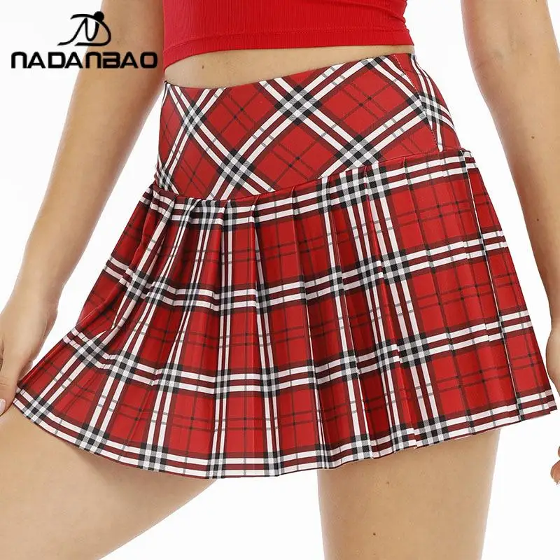 

Nadanbao Plaid Tennis Dress Women Pleated Mini Skater Skirts High Waist Plaid Short Skirt Women's Summer New College Style