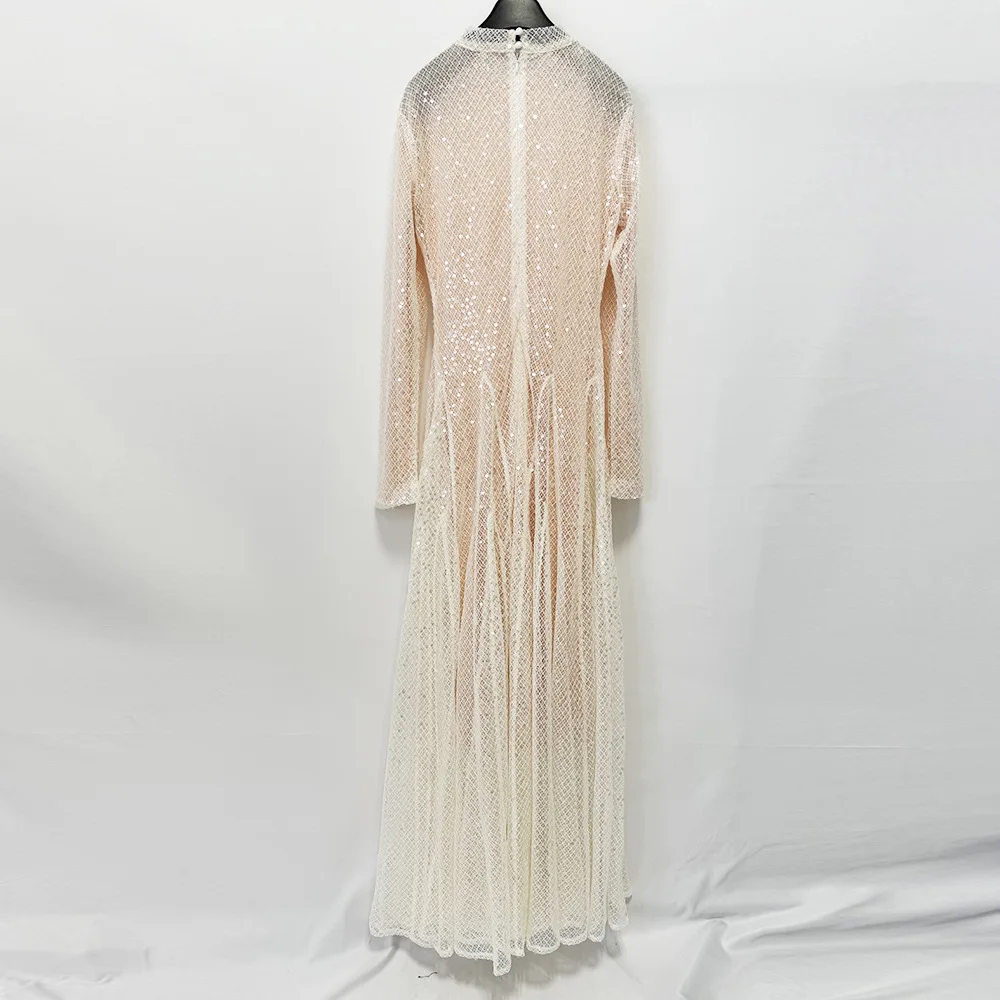 HIGH QUALITY 2026  Prom Dress Designer Fashion Women's Neck Long Sleeve Sequin Mesh  Maxi Long Dress Celebrity Dress