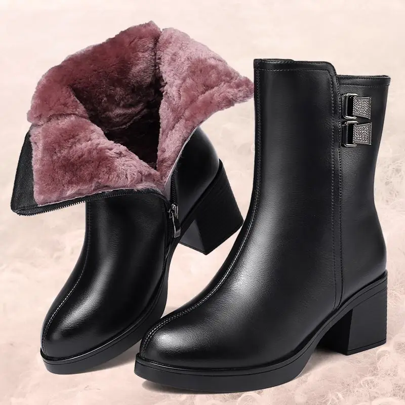 Marken-Winterstiefel 2024 Luxuriöse Warme Wollstiefel für Damen Dicke Samt-Baumwollstiefel mit Hohem Absatz Winterschuhe