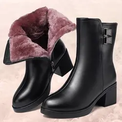 Brand mid-calf fur boots 2024 luxury winter warm wool women's boots thick velvet cotton boots female thick heels winter shoes