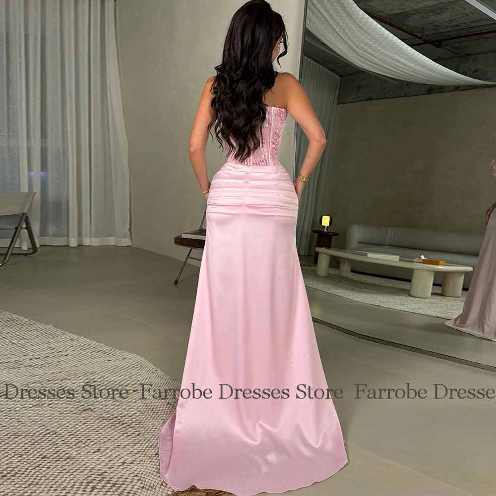

Sweetly Birthday Party Dresses 2025 Satin Sheath/Column Prom Dress Pink Strapless Sequined Flowers Pleat Women Ceremony Dresses