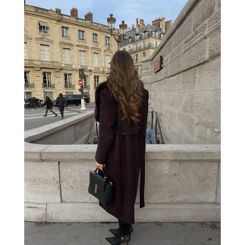 معطف نسائي أنيق بياقة من الفرو معطف صوفي أنيق بياقة على شكل حرف v وأكمام طويلة وأربطة معاطف طويلة فضفاضة للسيدات ملابس خارجية للشارع للتنقل اليومي