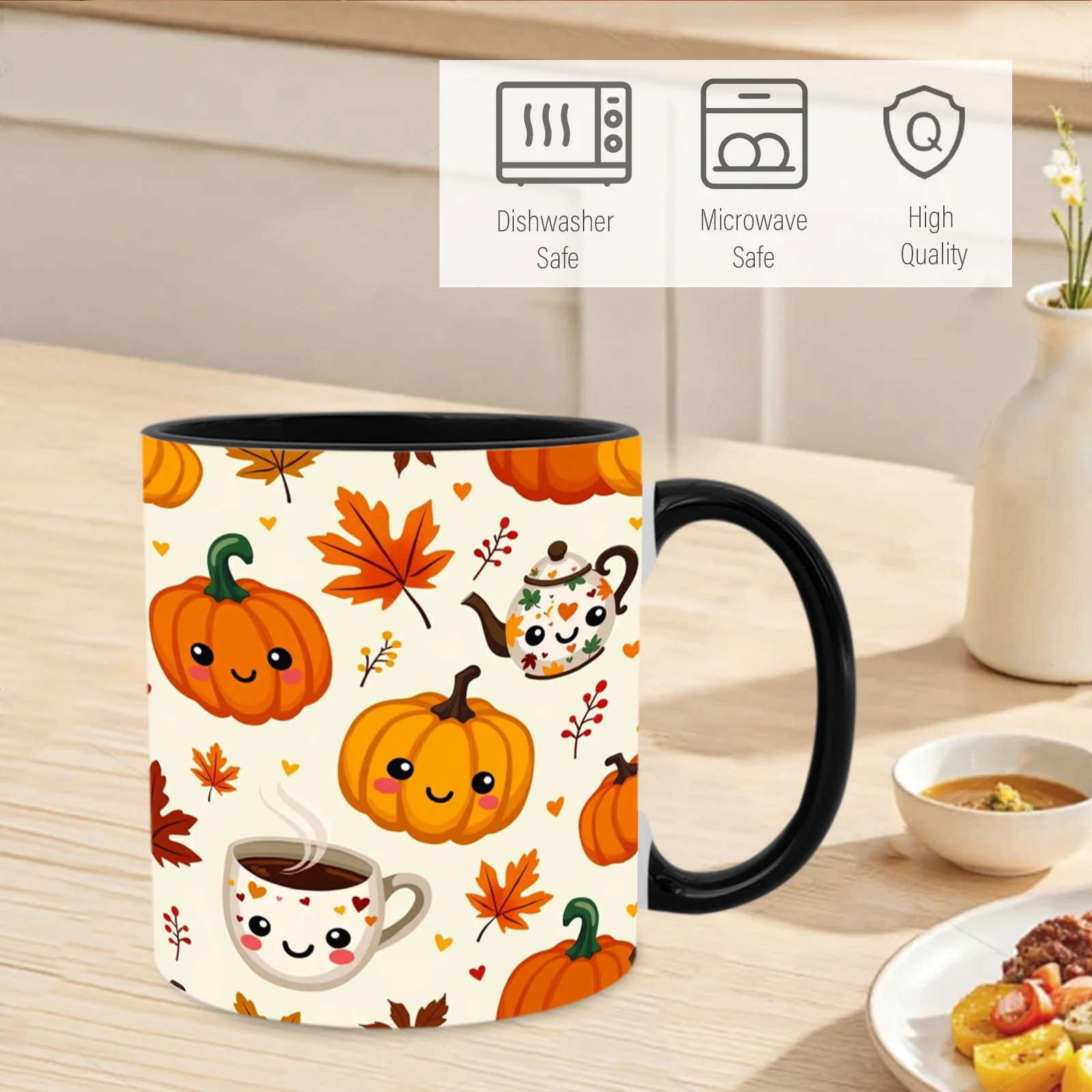 1pc Cute Ceramic Mug - Kawaii Style Patch Design Coffee Cup with Face, 11oz Tea/Cocoa Cup for Autumn Decor, Thanksgiving, Fall Gift for &, Ceramic Tea Mug for or Coffee Shop Use,