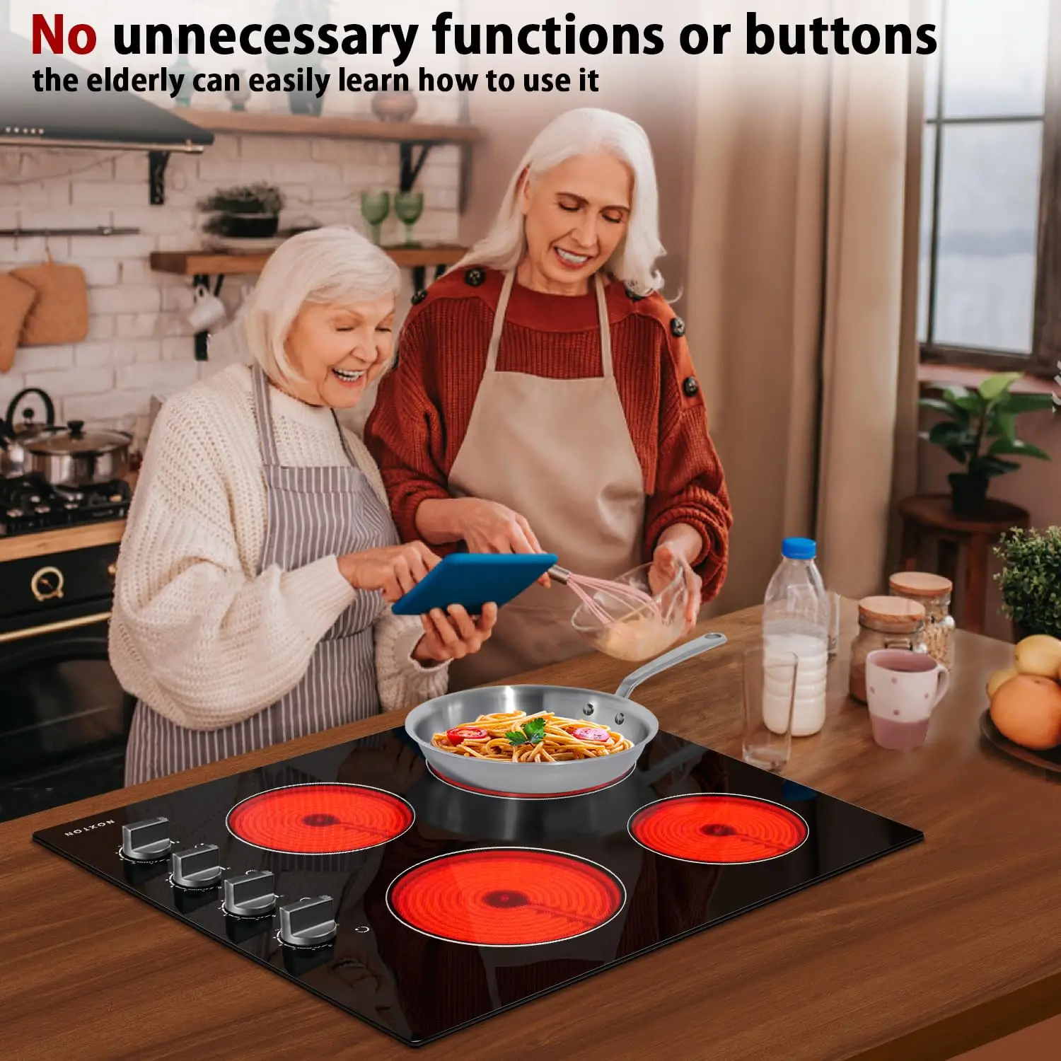 ノックストン 24インチ 電気コンロ 4口 電気ストーブトップ、220-240v、6000W、プラグなし、ハードワイヤー接続