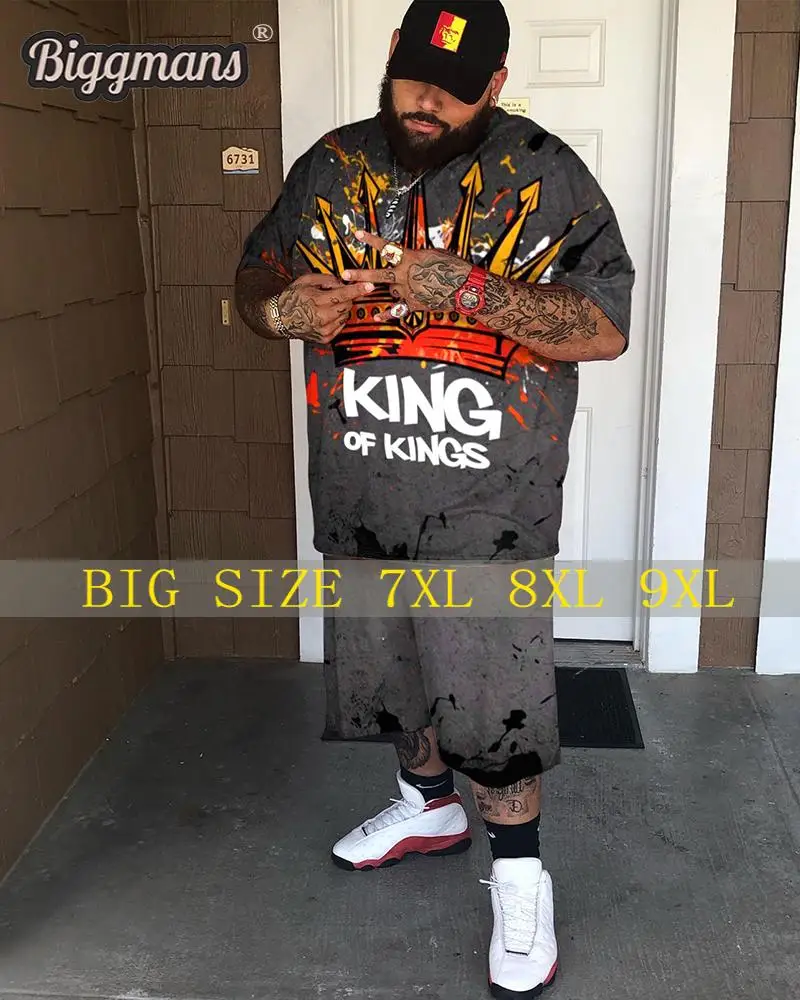 Biggmans Plus Size for Men's T-Shirt Clothing Poker Queen A Print Casual Sleeve Pattern Gray Short Sleeves Big and Tall L-9Xl