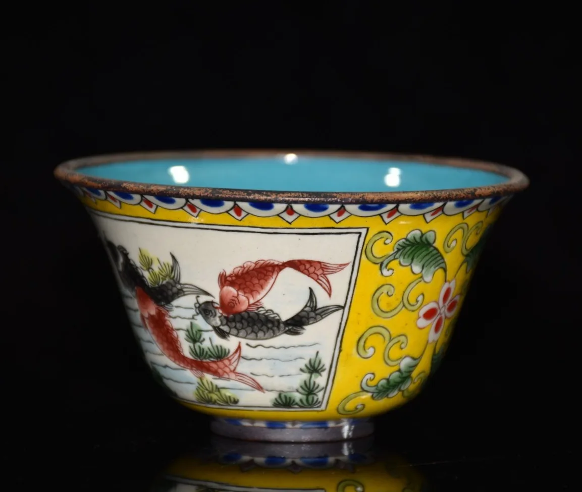 Hand-painted copper base teacup set featuring a scene of a jadeite blue enamel-colored goldfish