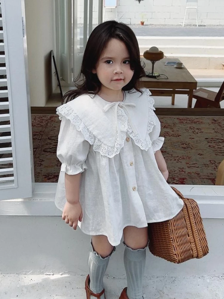 2-9Y Korean Baby Girls Retro Lapel Dress Spring Summer Children Toddler Casual Loose Short Sleeve White Sweet Princess Dresses