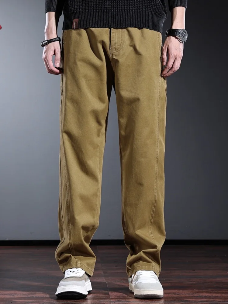 Autumn Baggy Straight Pants Men Casual Coffee Cotton Cargo Pants Korean Style Clothing Elastic Waist Loose Trousers