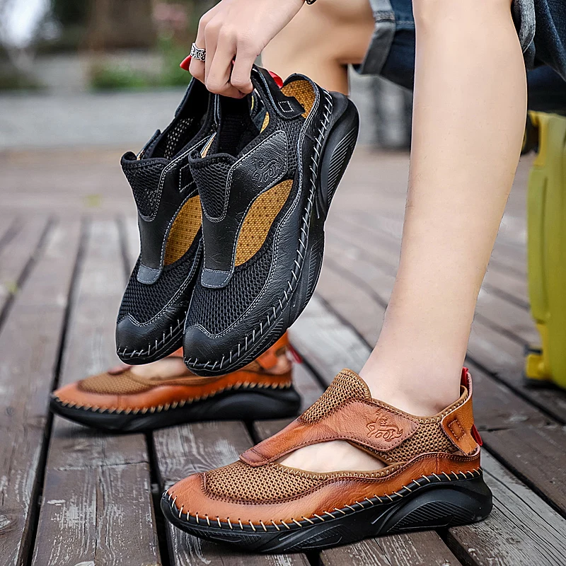 

High Quality New Platform Sandals Breathable Mens Shoes Leather Mesh Outdoor Men Sandals Antiskid Beach Sandals Hollow Sneakers