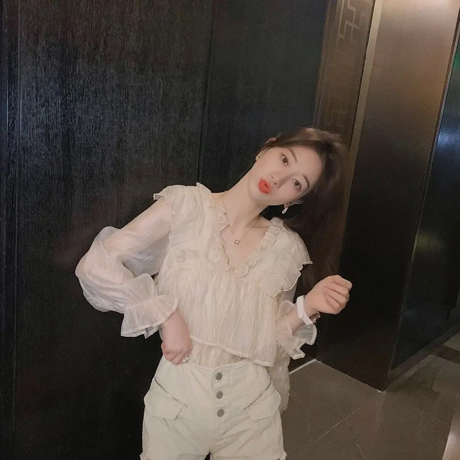 Long Sleeved Chiffon Shirt Women in Summer New Korean Style Loose Flared Sleeve Top Stylish Western Style Shirt Top