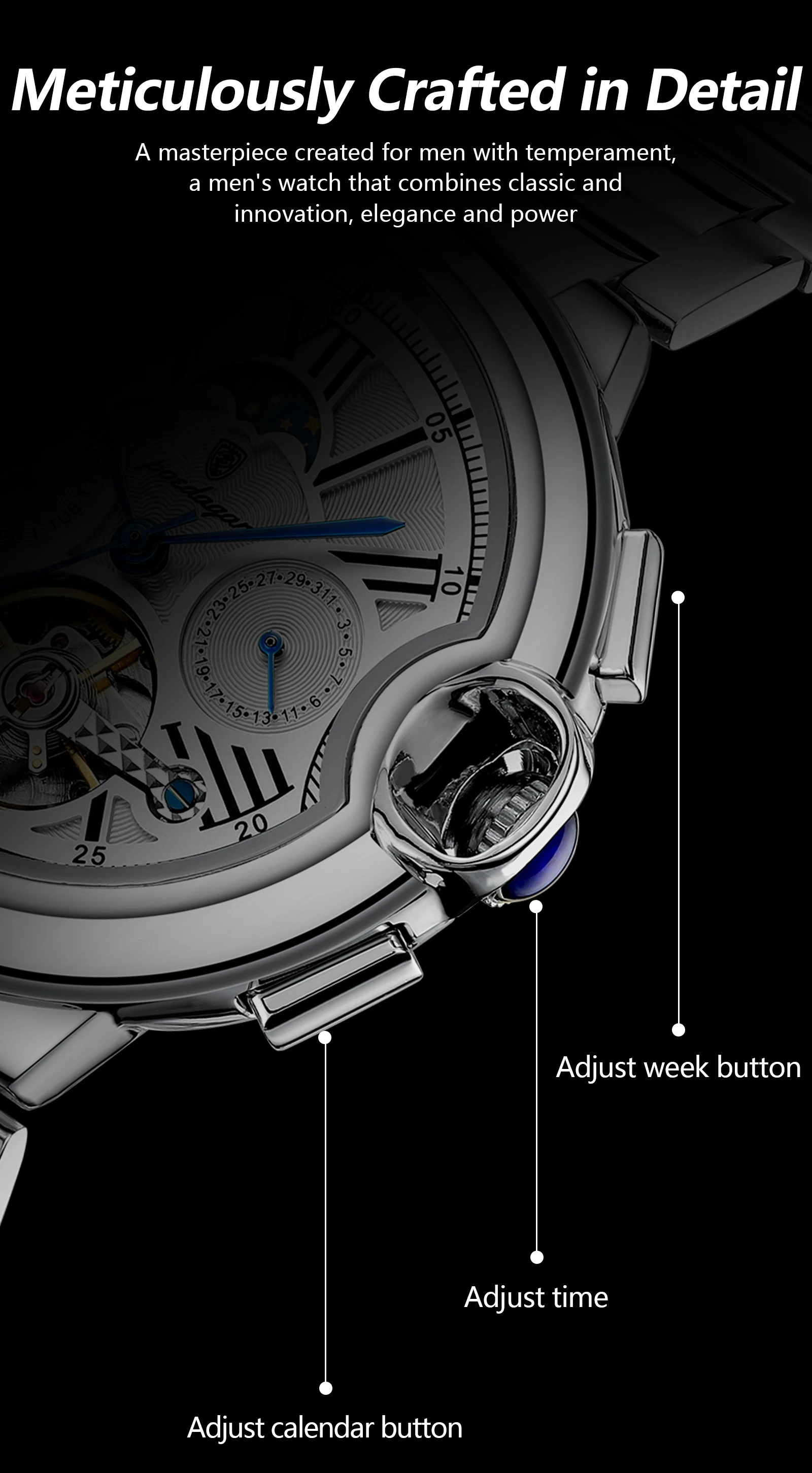 POEDAGAR Luxus Business Männliche Uhr Datum Woche Edelstahl Tourbillon Männer Uhr Wasserdichte Automatische Mechanische herren Uhren – Detail 7