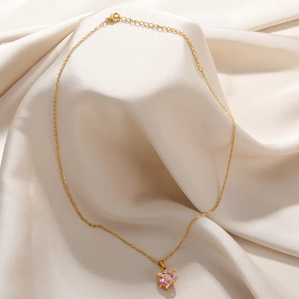 Luxury Pink Zircon Heart Necklace For Women Gothic Sword Go Through Love Choker Elegant Crystal Flower Necklaces Y2k Jewelry
