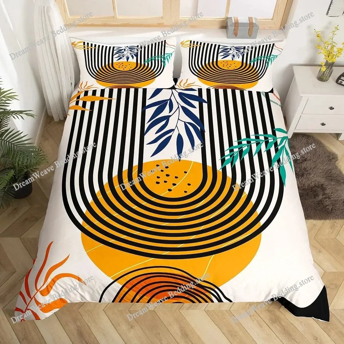 Bedding Decor Mid Century Modern Duvet Cover Set King Abstract Geometric Balance Shapes Rainbow Sun Circles Boho Comforter Cover