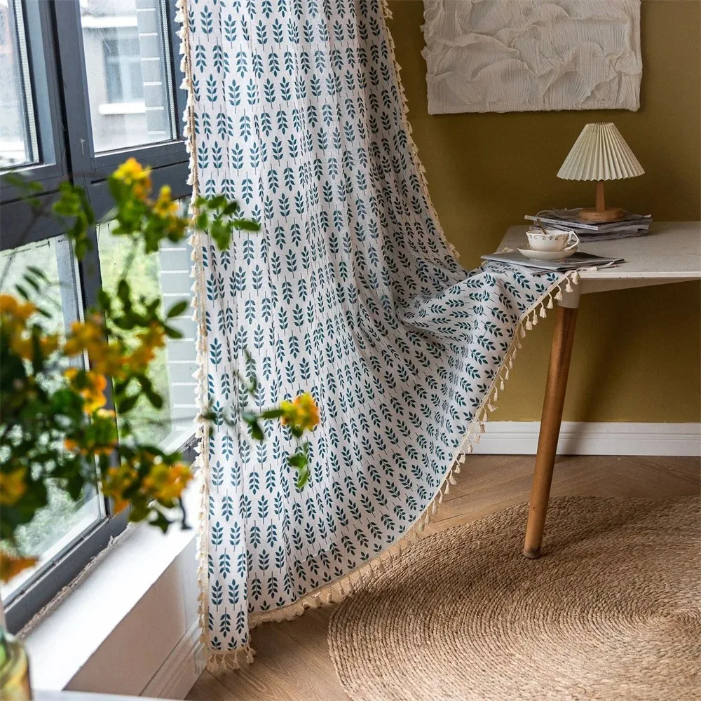 Living Room Curtains Linen Cotton with Tassels Window Leaves Print Curtain for Home Bedroom Living Room Corridor Decor
