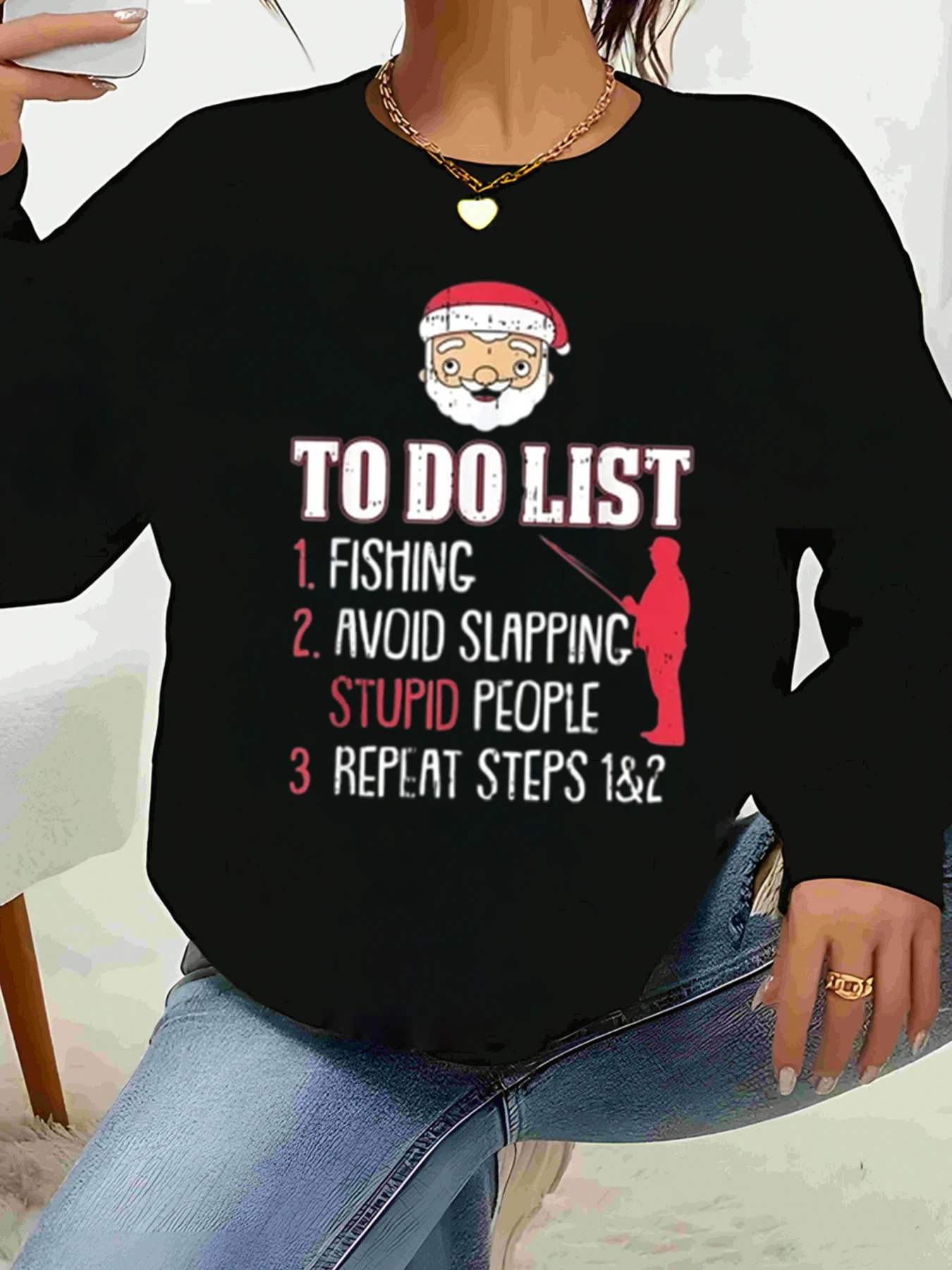 Santa Fishing to Do List Christmas Sweatshirt Holiday Casual Wear Men Women