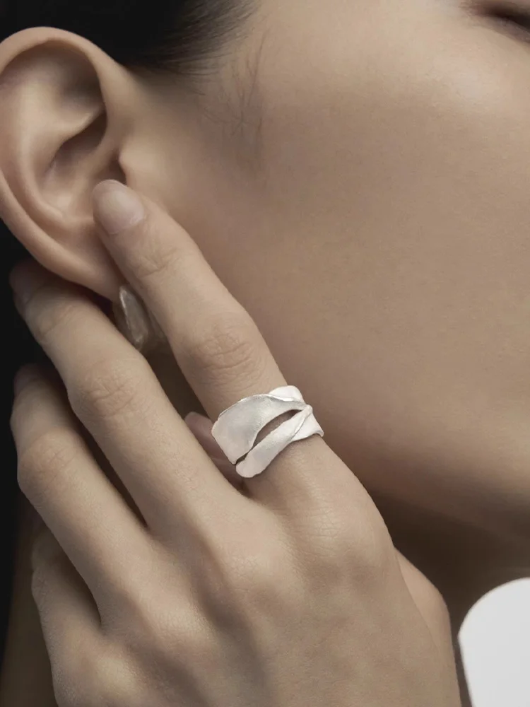 ZHUHE Frosted Texture Moon Petal Open Ring, Retro Neutral Style Copper Material Carnival Jewelry Accessory