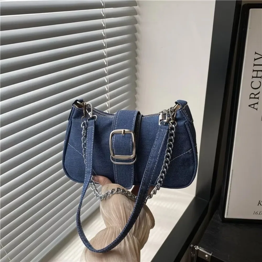Chain Strap Denim Shoulder Bags Thread Design Square Shape Chain Underarm Bags Y2k Portable Size Women's Shoulder Bags For Women
