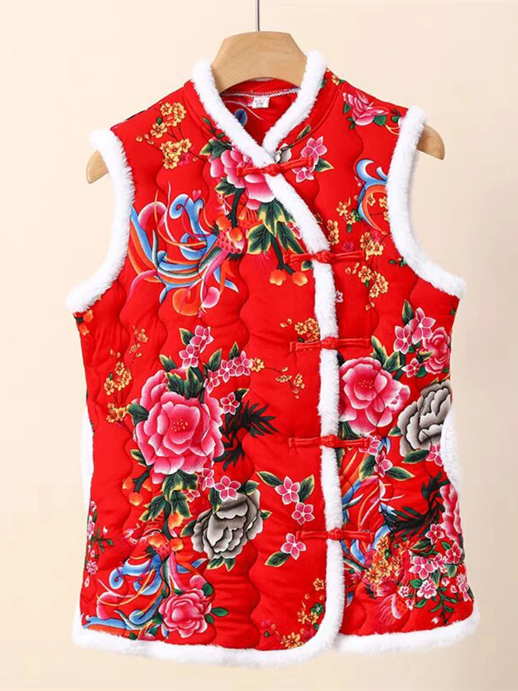 Thiened 冬用暖かいベスト レディース アウター 大きな花の刺繍ボタンデザイン Vネック プラスサイズ スリム フェイクファーコート