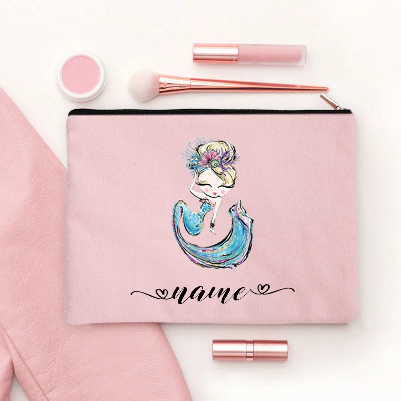 Mermaid Girl Personalized Custom Cosmetic Makeup Bag Bridesmaid Friends Bag Pencil Case Toiletry Travel Organizer Christmas Gift