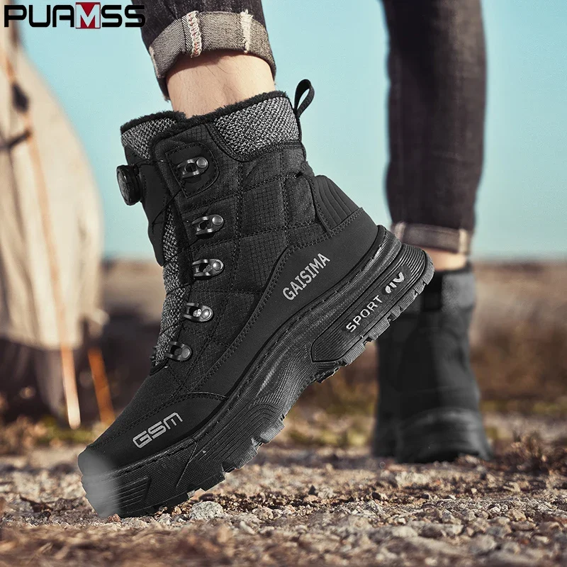 

PUAMSS Snow Boots for Men Casual Winter Platform Non-slip Warm Fur Ankle Boots Plush Combat Outdoor Hiking Motorcycle Boots