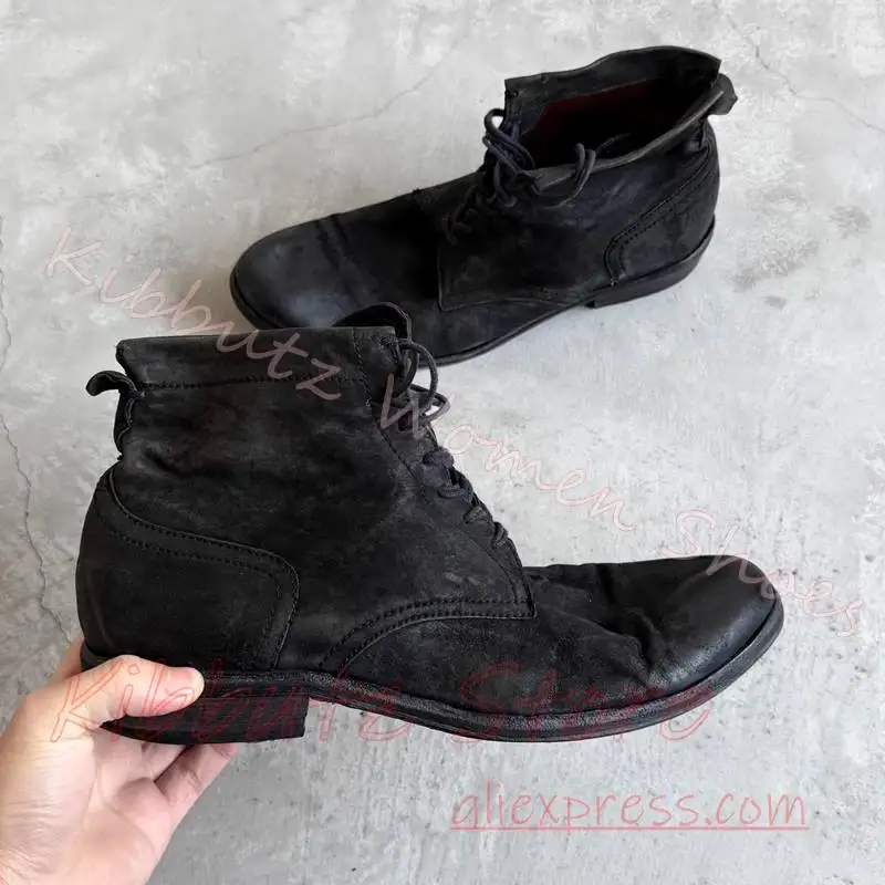 Womens Suede Ankle Boots Lace Up Low Heel Round Toe Cuffed Foldover Collar Casual Flat Sole Everyday Streetwear Footwear Fashion