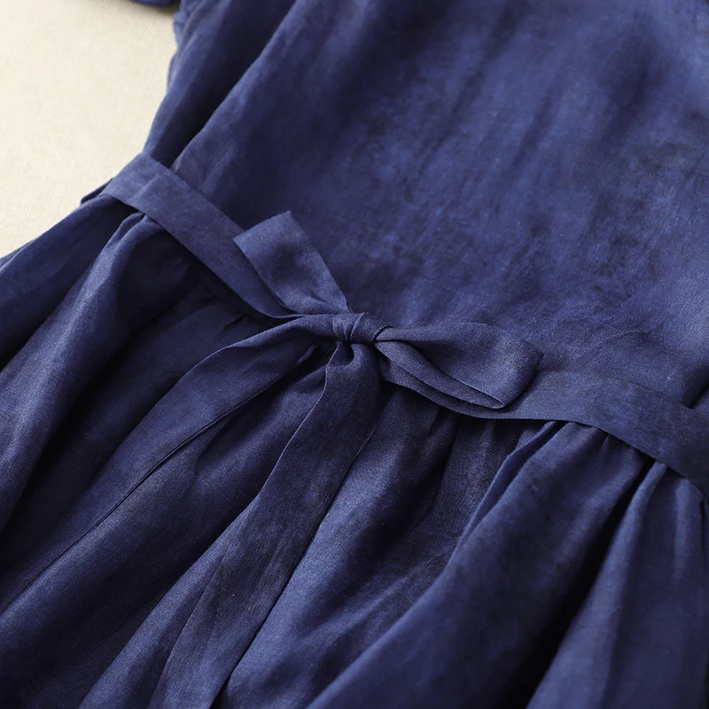 Katoen Linnen Gedrukt Korte mouwen Casual jurk vrouwen 2025, Zomer Nieuwe Koreaanse Stijl Lace-up Elegante Chic kleding N717