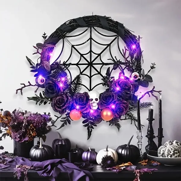 1pc, Prelit Halloween Skull Wreath For Front Door Decor, 20 LED Purple Lights Battery Operated Skeleton