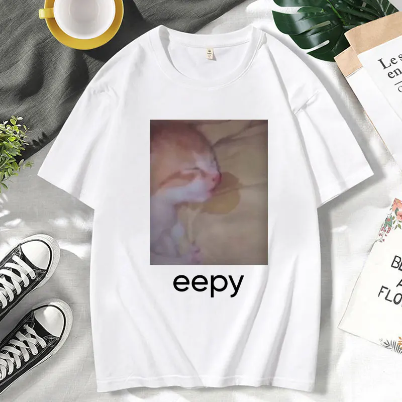 Funny Eepy Cat Print T-Shirt Fashion Vintage Harajuku T Shirts Summer Casual Cotton Oversized Tee Shirt Men Women's Clothes Tops